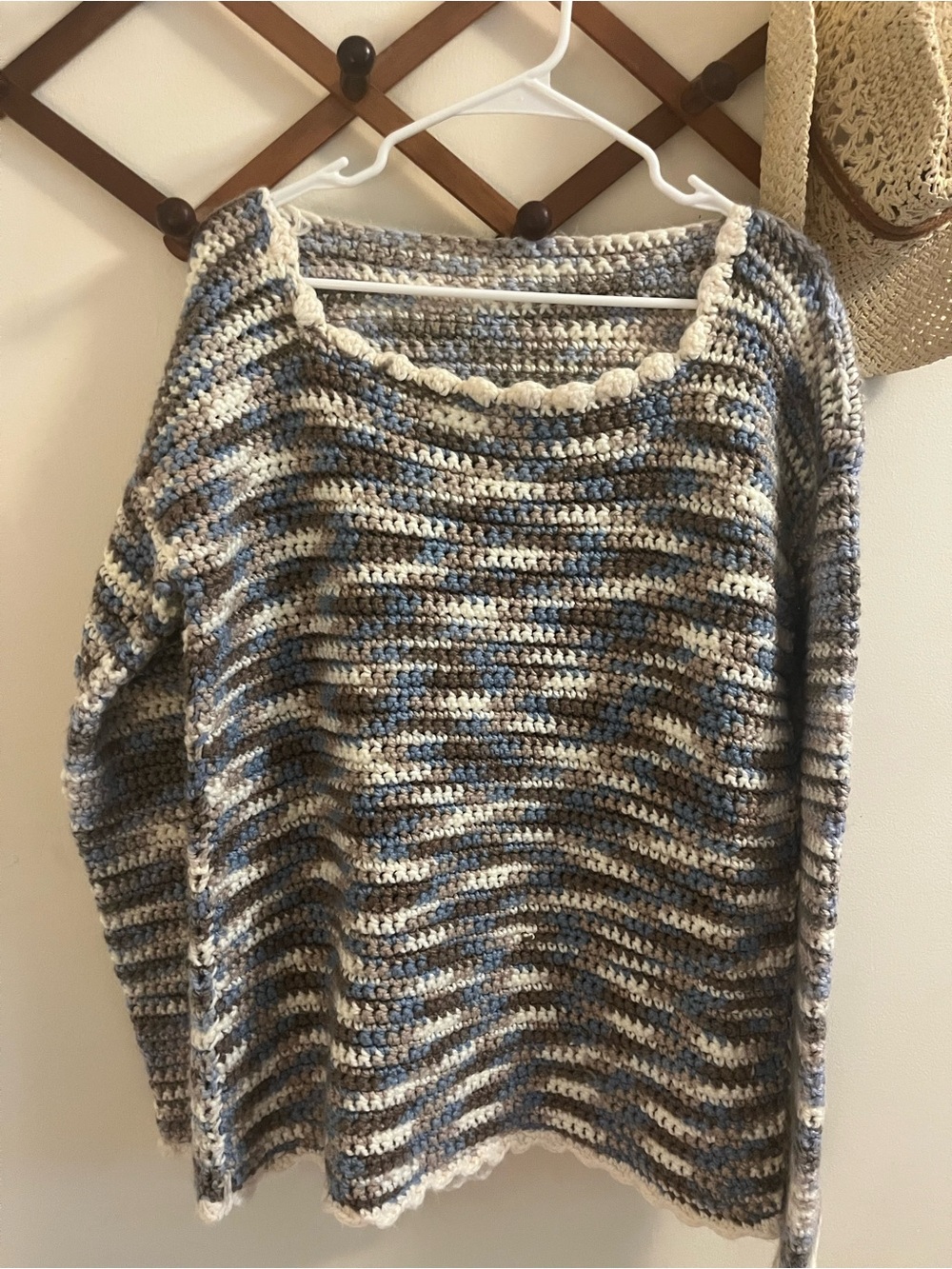 Handmade Chunky Striped Crochet Sweater - Blue, Gray & Cream